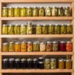 Many jars of pickles on a wooden shelf.