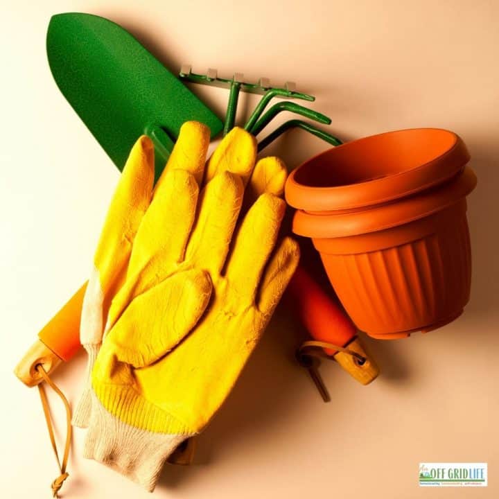 a gardening trowel, gloves and small pots laid on a brown background.