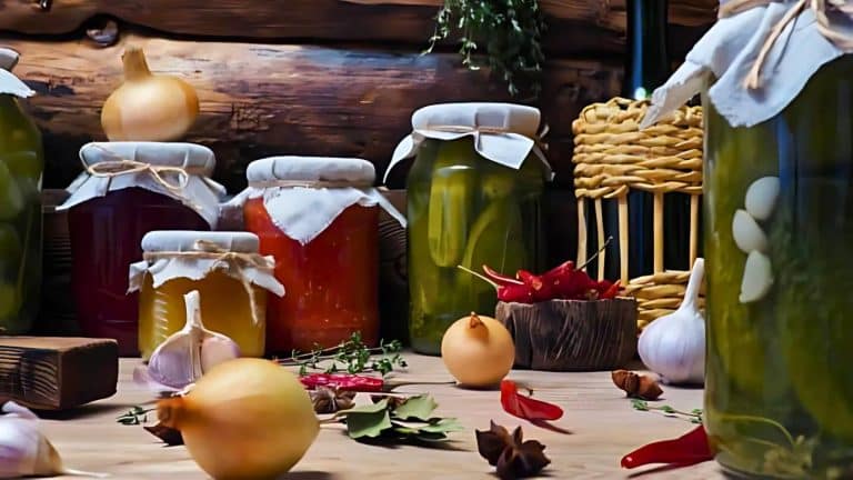 Jars of pickled vegetables and sauces on a wooden table with garlic, onions, and red chili peppers. A woven basket and wooden texture are in the background.