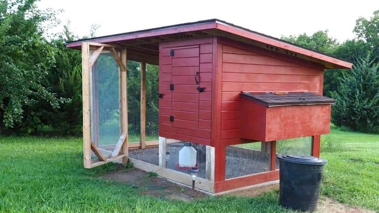 A small red chicken coop with an open wire-mesh door, an attached nesting box, and a water feeder inside. It is situated on a grassy area with trees in the background.