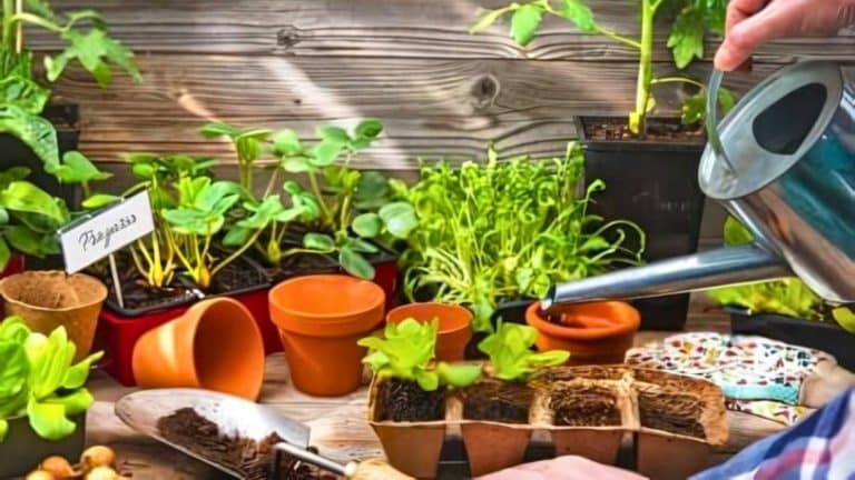A person waters small potted plants with a watering can in a garden workspace. Several green seedlings are visible, along with gardening tools and empty pots.