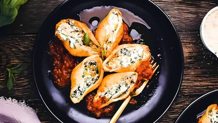 A black plate with stuffed pasta shells filled with cheese and herbs, resting on a bed of tomato sauce, with a fork placed beside them.