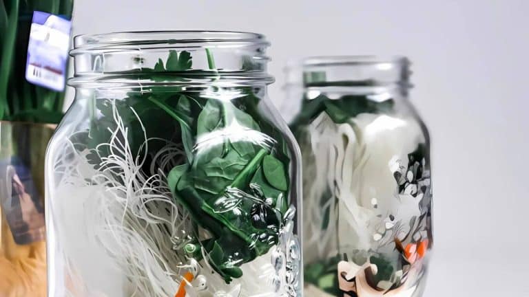 Two jars filled with fresh greens and clear noodles, placed on a white surface.