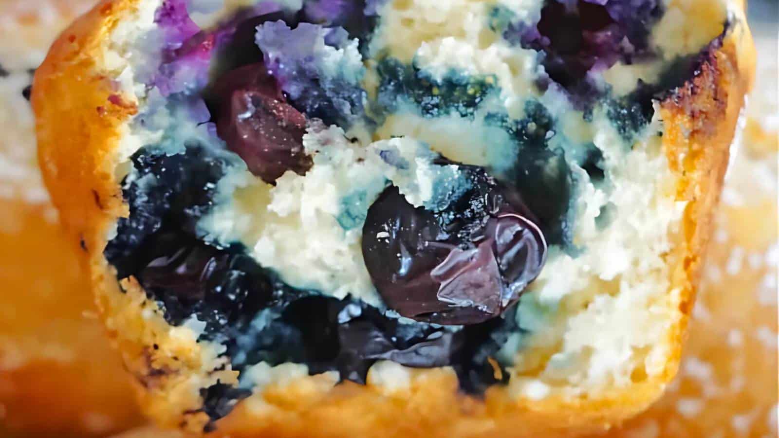 Close-up of a blueberry muffin with visible blueberries and a light, fluffy texture.