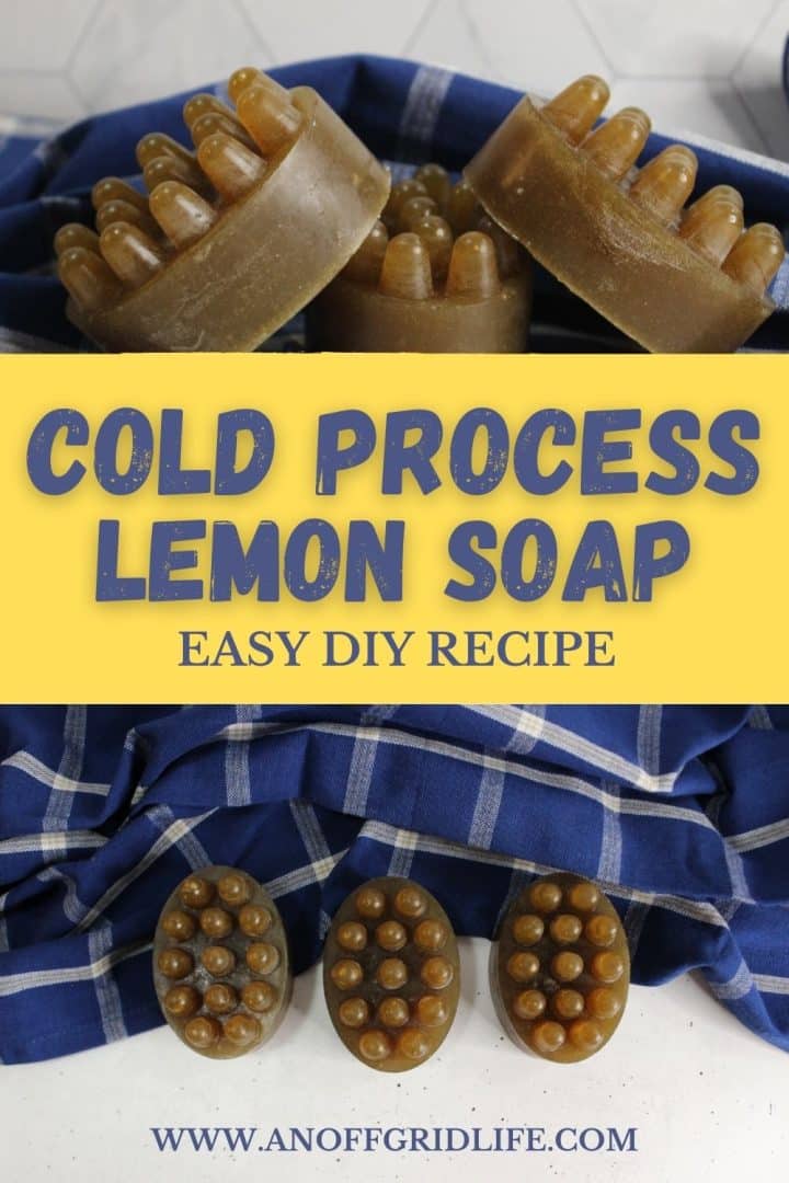Several oval, brown lemon soaps with massage nubs are displayed on a blue checked cloth, with text reading "Cold Process Lemon Soap Easy DIY Recipe" and a website URL.