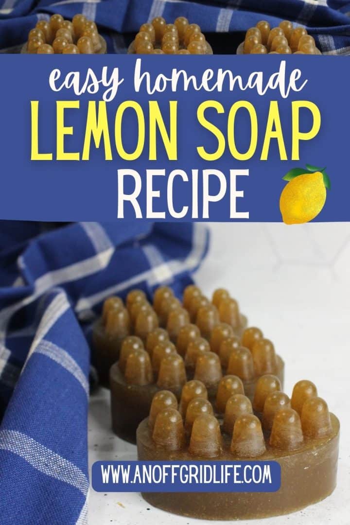 Homemade lemon soap bars with a massage texture are placed on a white surface next to a blue checkered cloth. Text overlay reads "Easy Homemade Lemon Soap Recipe.
