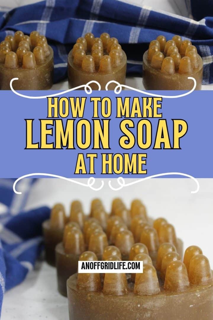 Several brown, textured bars of lemon soap are displayed on a white surface with a blue plaid cloth, accompanied by text reading "How to Make Lemon Soap at Home.