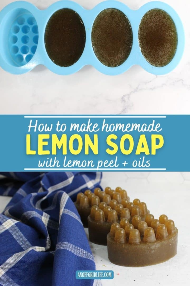 A blue silicone mold containing round, brown soap bars next to finished lemon soap bars on a white surface with a blue checkered cloth. Text overlay reads: "How to make homemade lemon soap with lemon peel + oils.