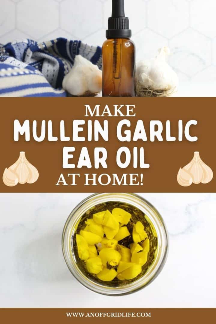 A brown dropper bottle, garlic bulbs, and a jar of mullein flowers in oil are shown with text: "Make Mullein Garlic Ear Oil at Home!" and a website link at the bottom.