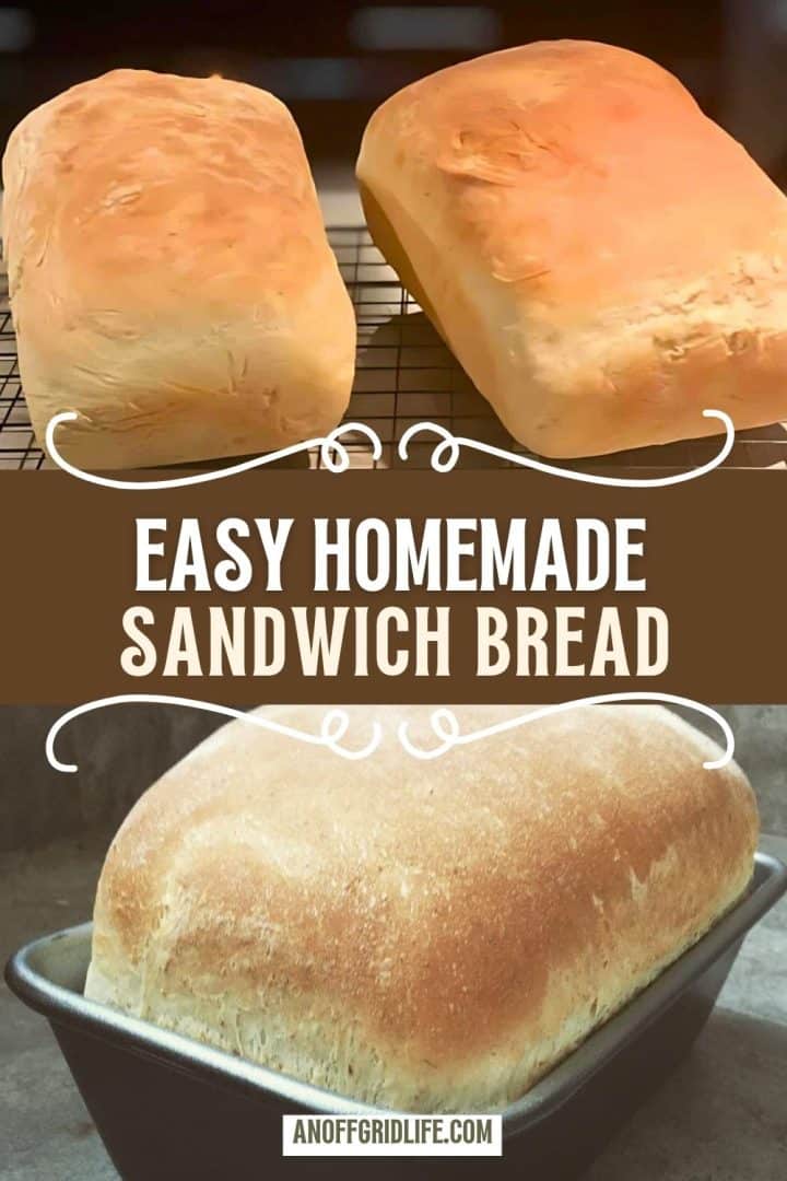 Three loaves of homemade sandwich bread, two cooling on a rack and one still in a baking pan, with the text "Easy Homemade Sandwich Bread" across the middle.