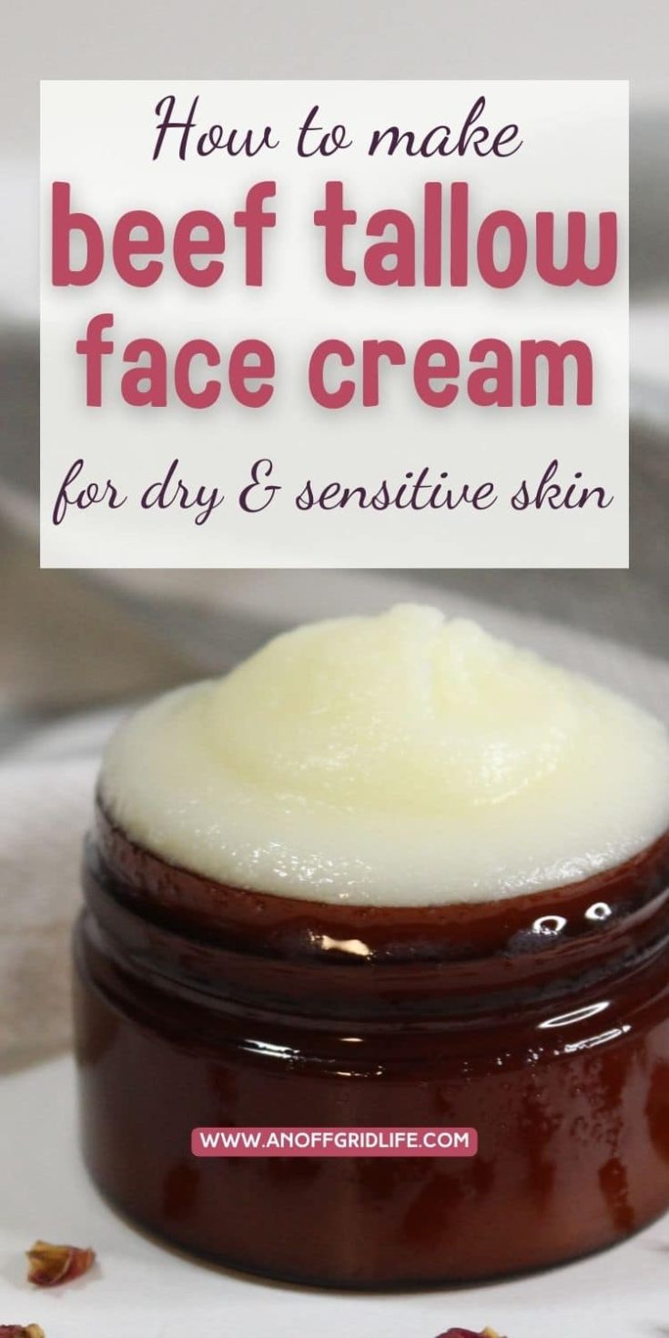 A small brown jar filled with creamy white beef tallow face cream sits on a white surface; text above describes it as suitable for dry and sensitive skin.