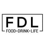 Black and white logo with the letters "FDL" in a rectangle above the words "FOOD • DRINK • LIFE" in capital letters, separated by dots.