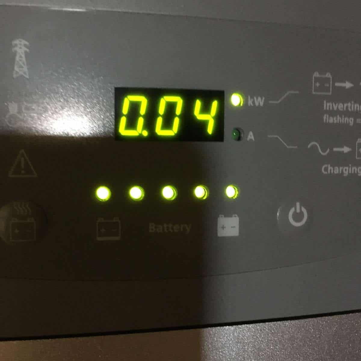 Digital display on an electronic device shows "0.04" with indicator lights illuminated below and various symbols related to power and battery status.