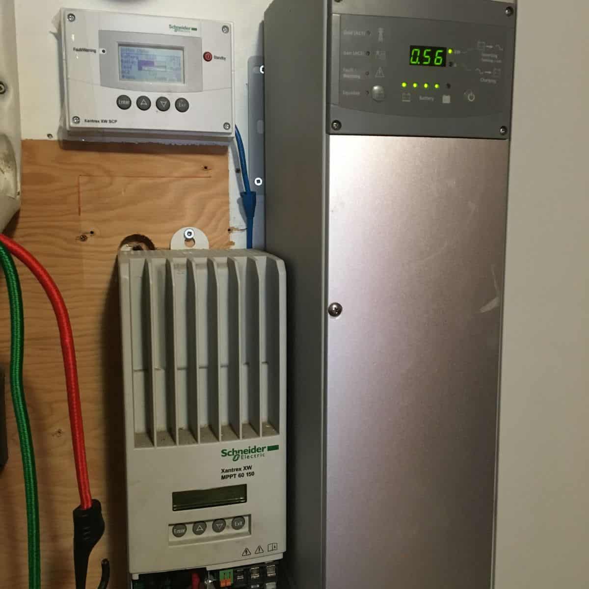 Electrical equipment, including a Schneider inverter and a display panel showing numbers, mounted on a wall with visible wiring connected to the devices for a solar stress test for off grid living.