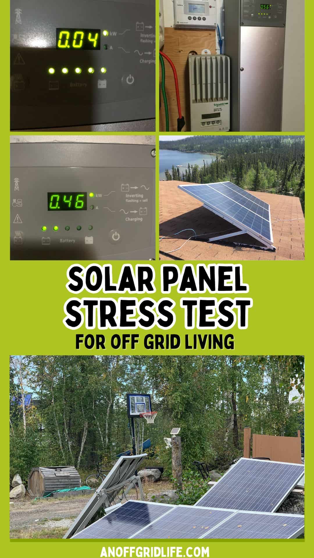 Collage shows solar panel system readings, equipment, and outdoor solar panels during a stress test for off-grid living. Text reads: "Solar Panel Stress Test for Off Grid Living.