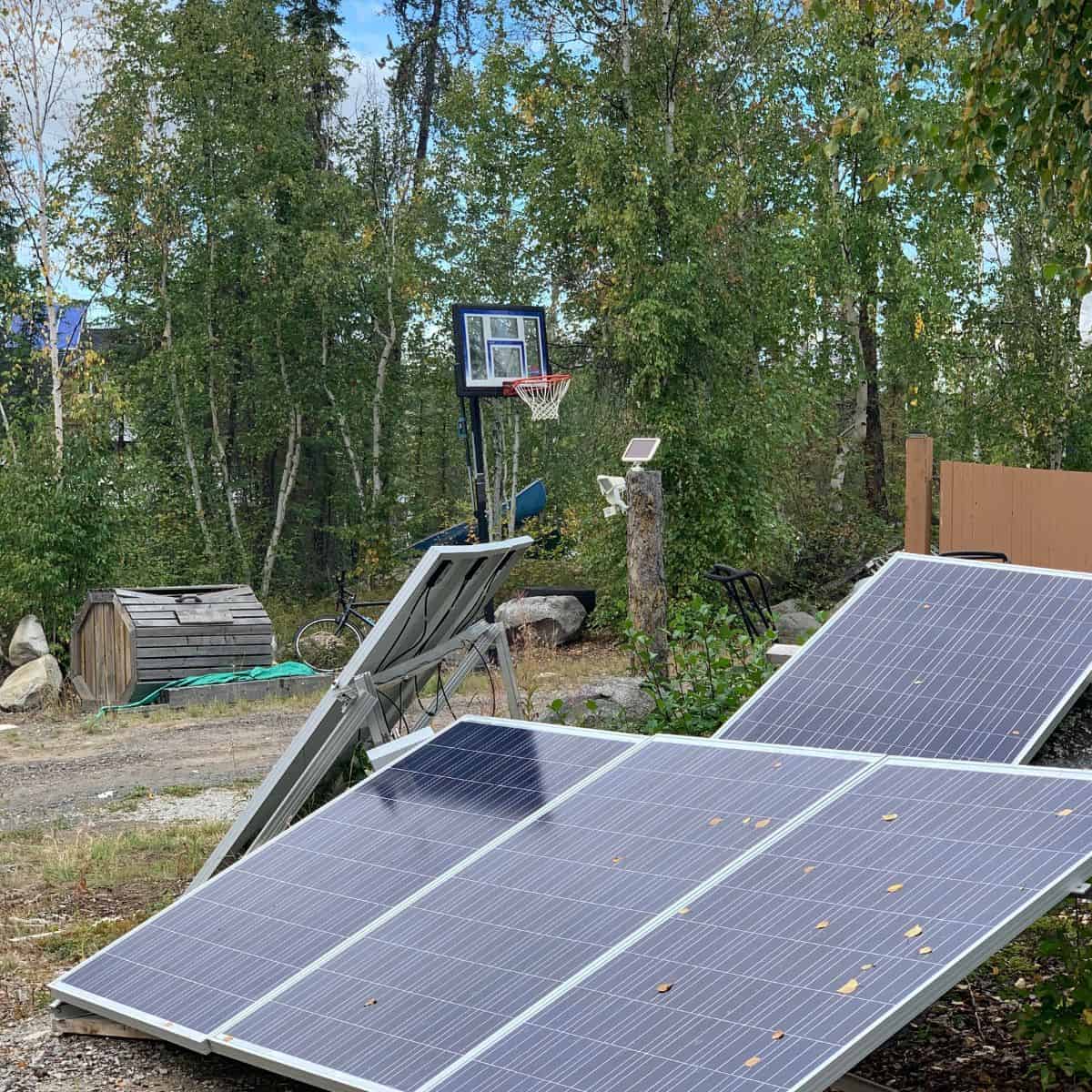 Three solar panels are installed outdoors on the ground near a basketball hoop, surrounded by trees and a wooden shed.