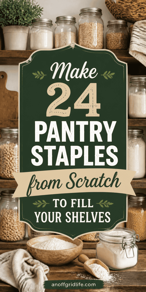 A kitchen shelf with jars of dried pantry items and a sign that reads, “Make 24 pantry staples from scratch to fill your shelves.”.