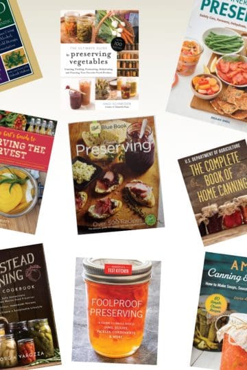 A collection of ten home canning and food preservation cookbooks arranged in a scattered layout, featuring colorful covers with images of preserved foods, jars, and fresh produce.
