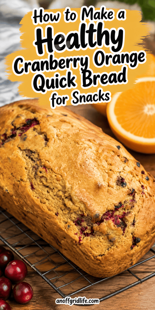 A loaf of cranberry orange quick bread rests on a cooling rack, with fresh cranberries and a sliced orange placed nearby on a wooden surface.