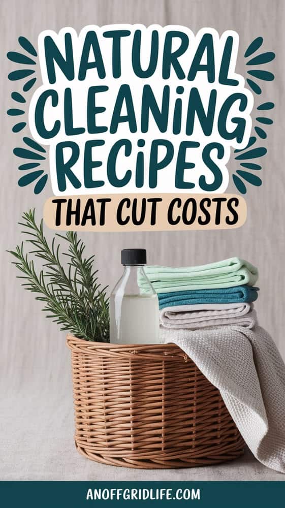 Text reading “Natural Cleaning Recipes That Cut Costs” above a basket containing a clear spray bottle, a sprig of rosemary, and a stack of folded cloths. The website address “anoffgridlife.com” is at the bottom.