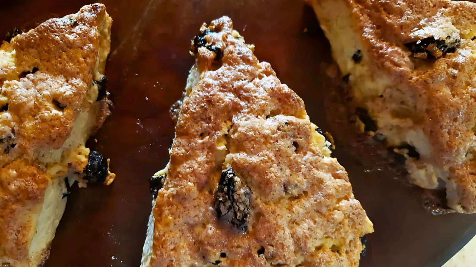 Close-up of three golden-brown scones with raisins on a baking sheet.