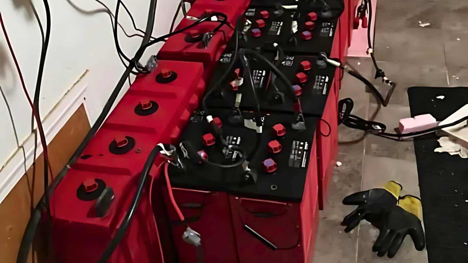 A row of large red batteries with black tops, connected by cables, placed against a wall. A pair of gloves lies on the floor nearby.