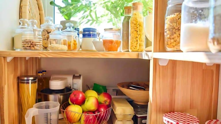 A kitchen shelf with jars of pasta, rice, and spices, a basket of apples, a pitcher, and various kitchen items on wooden shelves near a window.