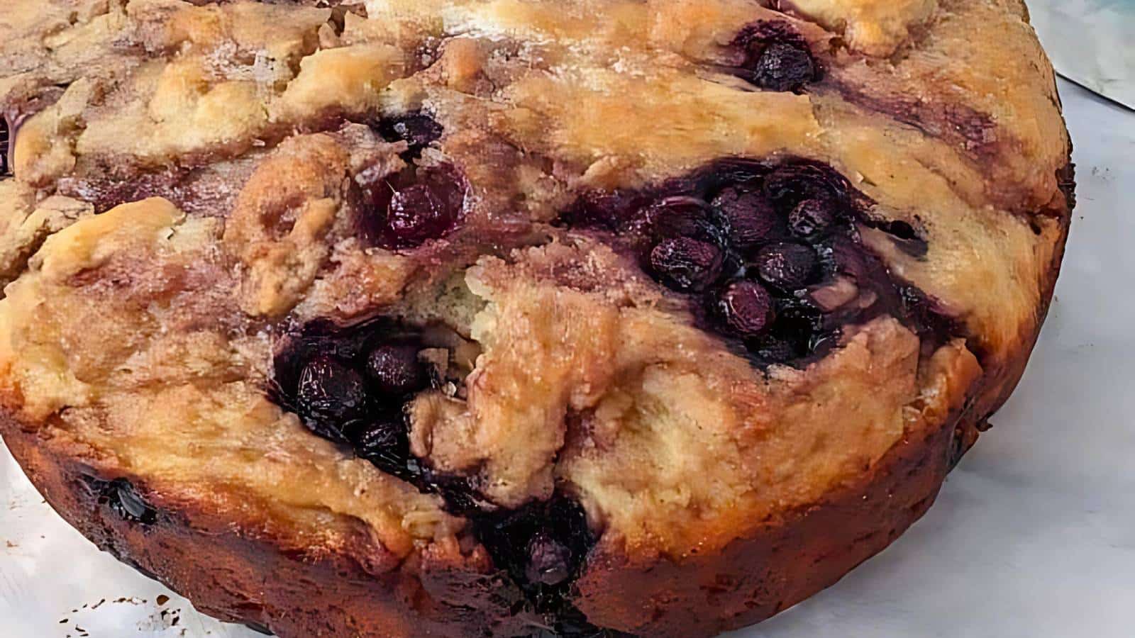 Dutch oven blueberry bread slices on a white plate.