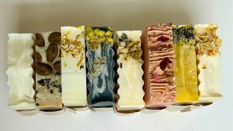 Eight bars of artisan soap with various colors and toppings, including seeds and flower petals, arranged in a row.