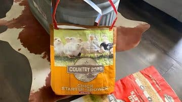 A tote bag made from a repurposed feed bag, featuring an image of chicks and the text "Country Road Chick Starter Grower.