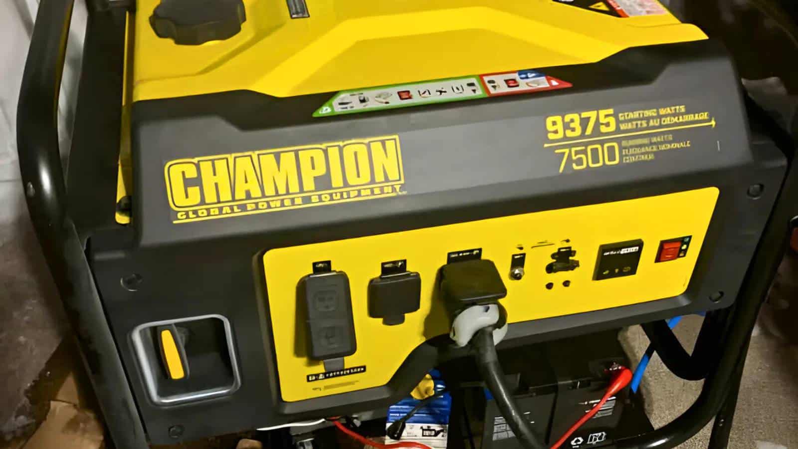 Image of a Champion 7500-watt portable generator with a yellow and black exterior. The control panel shows various outlets, switches, and a fuel gauge. The generator is plugged in.