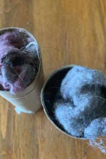 two toilet paper cardboard rolls stuffed with dryer lint