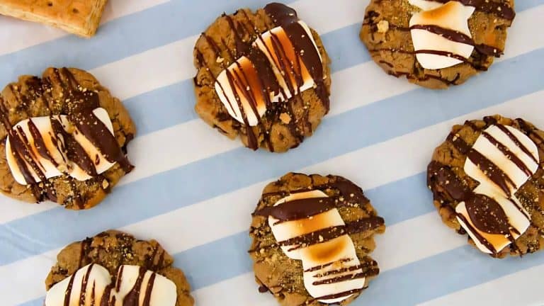Six chocolate chip cookies topped with toasted marshmallows and chocolate drizzle on a blue and white striped surface.