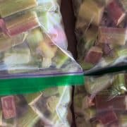 Plastic bags filled with chopped rhubarb pieces, sealed and prepared for storage.