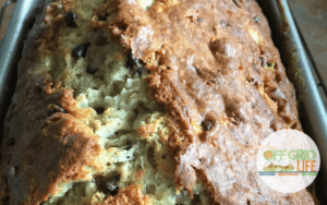 Homebaked banana bread with chocolate chips.