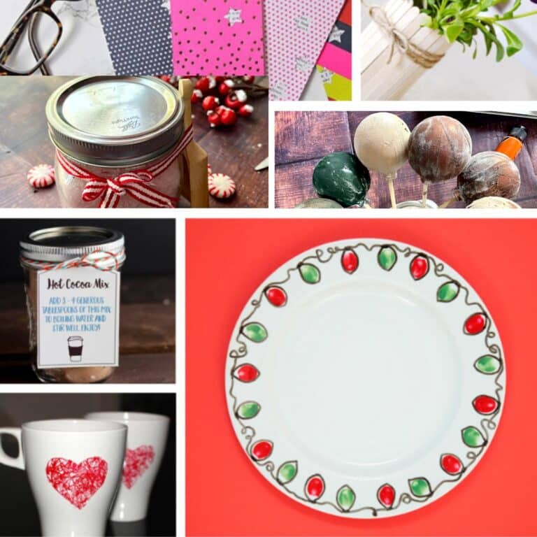 A collage of DIY handmade christmas gifts, including mugs, plates, and mugs.