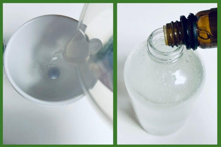 Making magic eraser liquid in a glass bottle with a measuring cup, vinegar and Borax in the background.