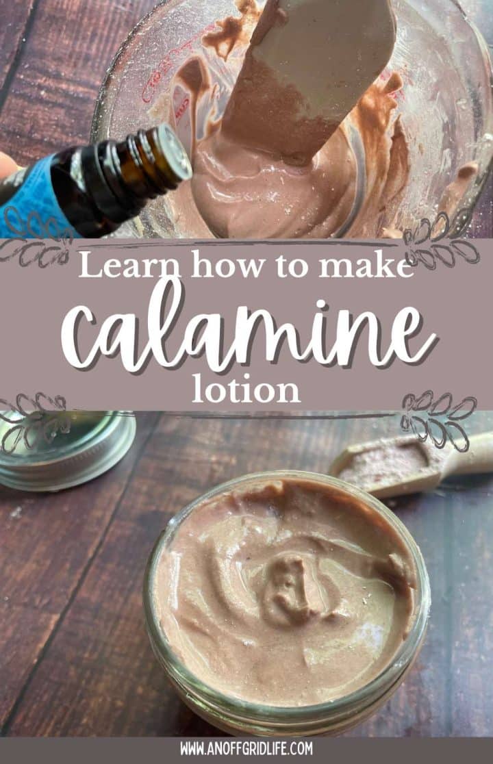 A visual guide on making calamine lotion, featuring images of ingredients being mixed in a bowl and the finished product in a jar.