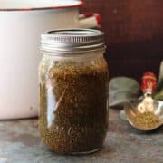 DIY oregano oil in mason jar with trowel and pot in background.