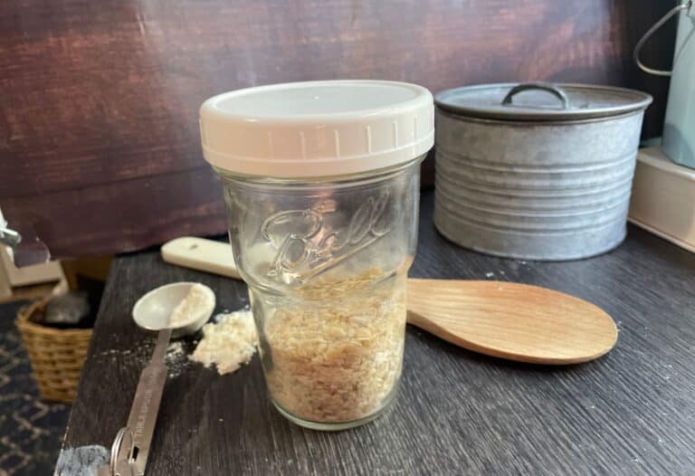 Dehydrated sourdough starter in mason jar.