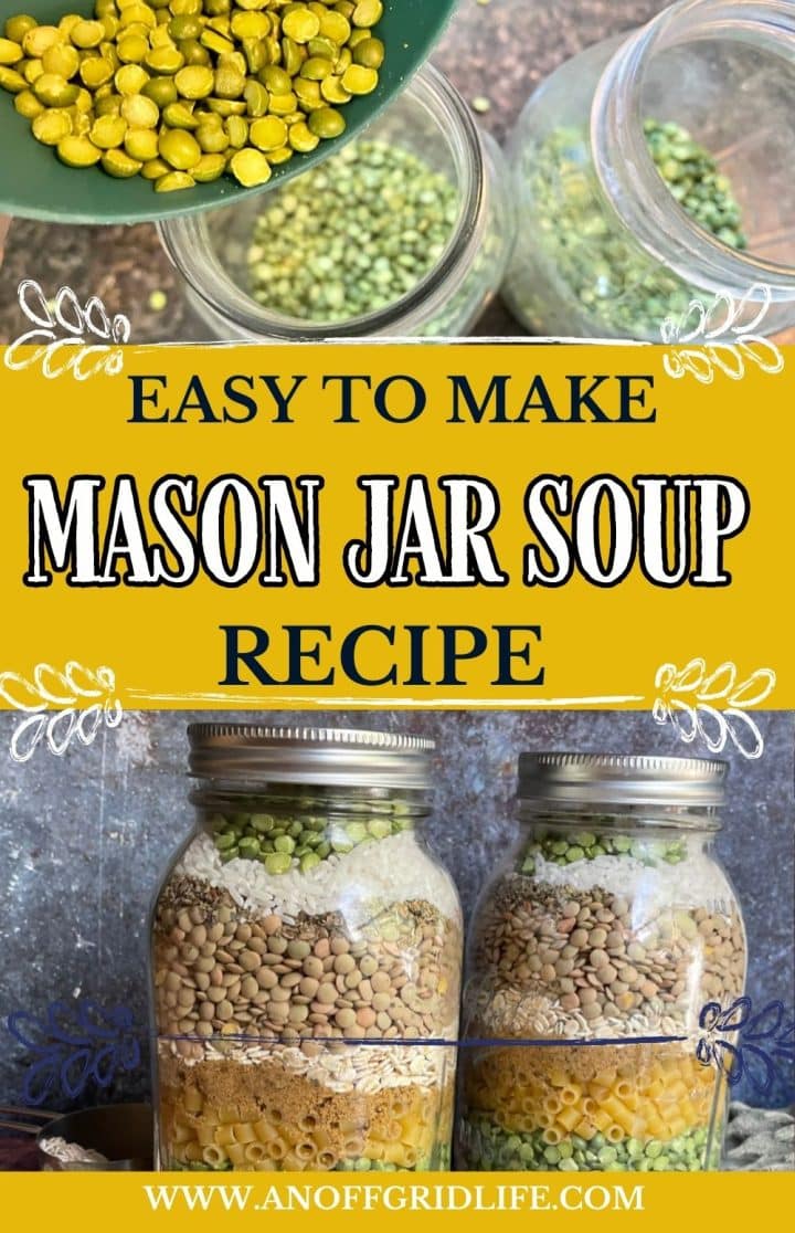 Ingredients for a mason jar soup recipe, including lentils and split peas, are displayed in jars.