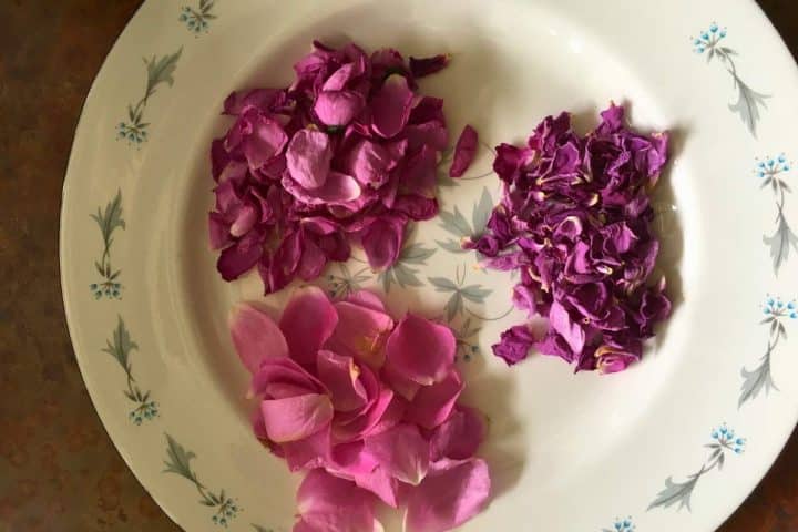 A white plate with floral designs features three piles of flower petals: pink petals on the left, light purple petals at the top, and dark purple petals on the right.
