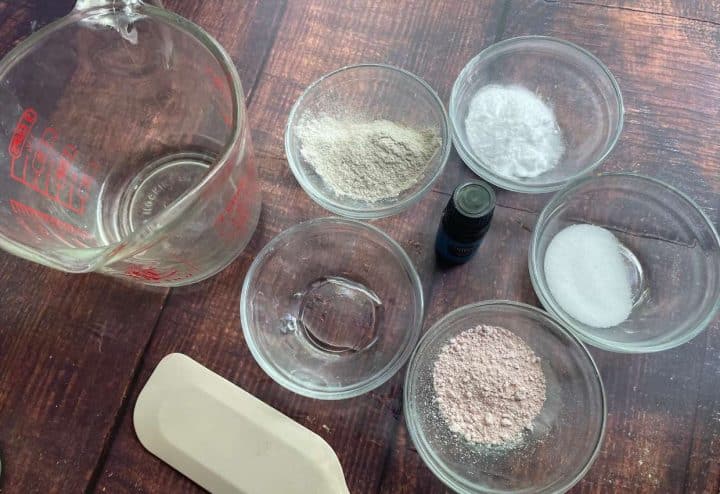 Top view of ingredients for homemade calamine lotion.