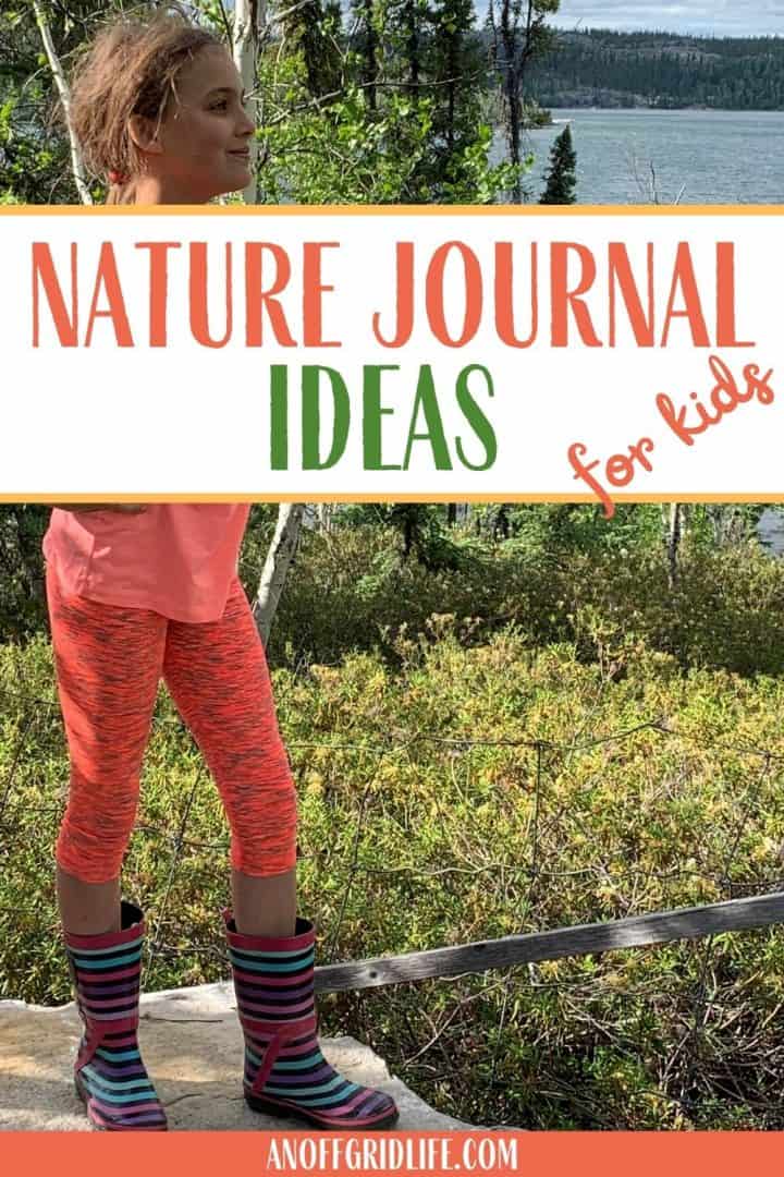 Nature Journal Ideas for Kids text overlay on image of girl outdoors with forest and lake in the background