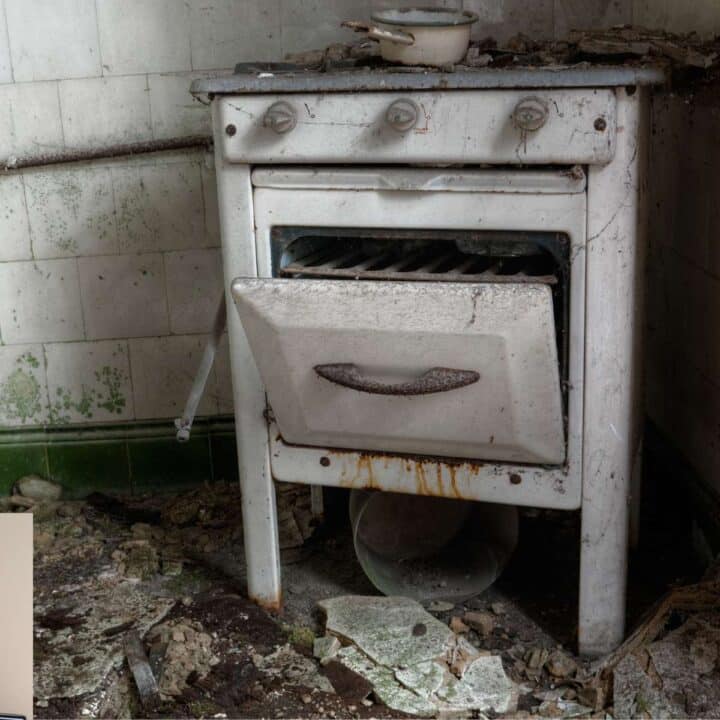 An old stove in an abandoned kitchen.