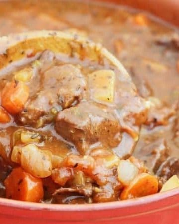 a hearty northern venison stew with a wooden spoon and a red dutch oven pot