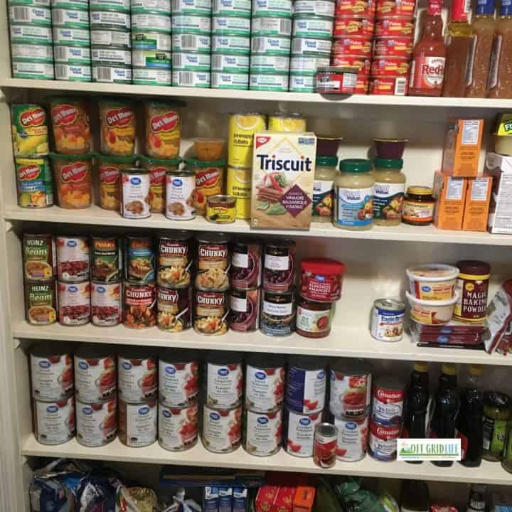 Canned goods and boxes in a household pantry on shelving