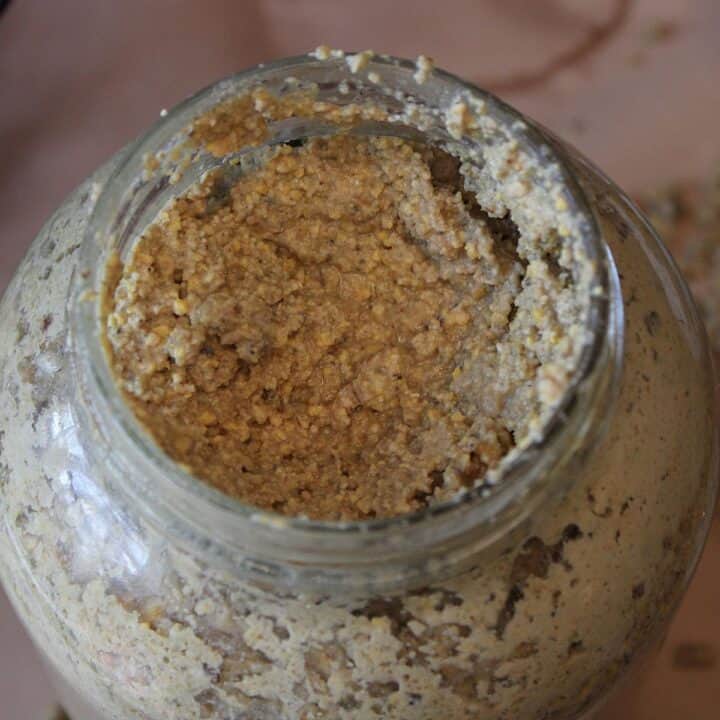 Top view of fermented chicken feed in jar