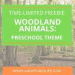 A green and orange banner over a forest scene reads, "Time-limited freebie: Woodland Animals Preschool Theme." The website anoffgridlife.com appears at the bottom. Perfect for exploring woodland animals in your preschool theme activities.