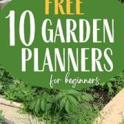 Promotional image for "free 10 garden planners for beginners" with a website link at the bottom.